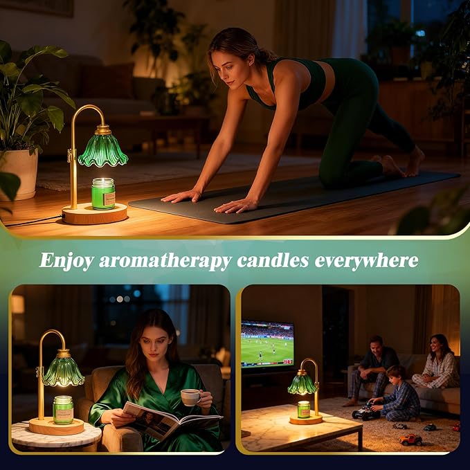 Candle Warmer Lamp with Adjustable Height - Flameless 4-Level Dimmable Wax Warmer with Colorful Glass Shade & Wooden Base, Timer Function & Stylish Design in Multiple Colors (Green)