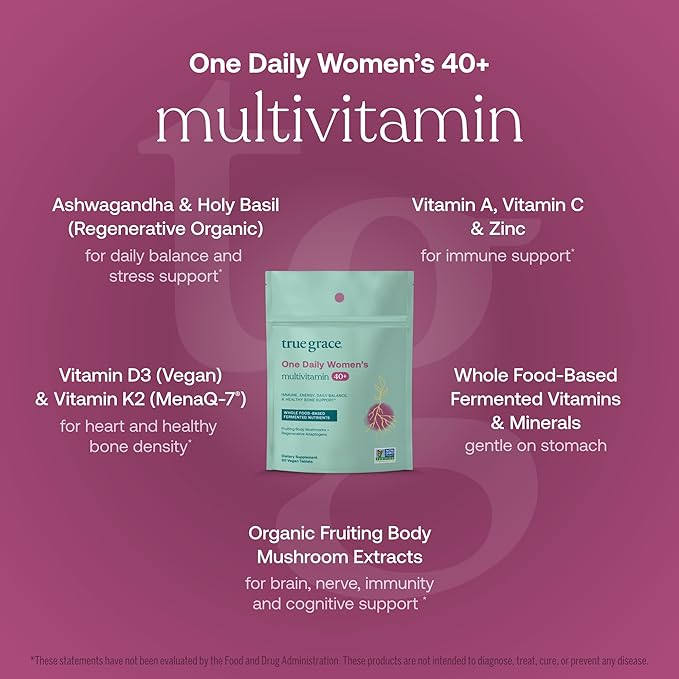 True Grace One Daily Women’s Multivitamin 40+ Fermented Minerals, Organic Adaptogens & Mushrooms Energy, Immune, Bone Support - Non-GMO - Iron, Gluten & Soy Free - 90 Vegan Tablets