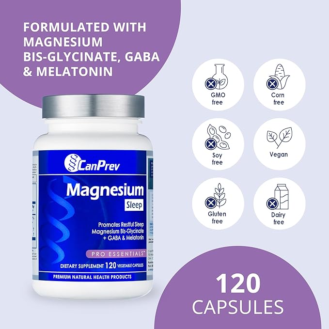 CanPrev Magnesium Bisglycinate Chelated + GABA & Melatonin, 120 Veg Caps, 120-Day Supply, Support Restful Night, Muscle Function, Promote Relaxation & Balanced Sleep-Wake Cycle, Vegan, No GMO & Gluten