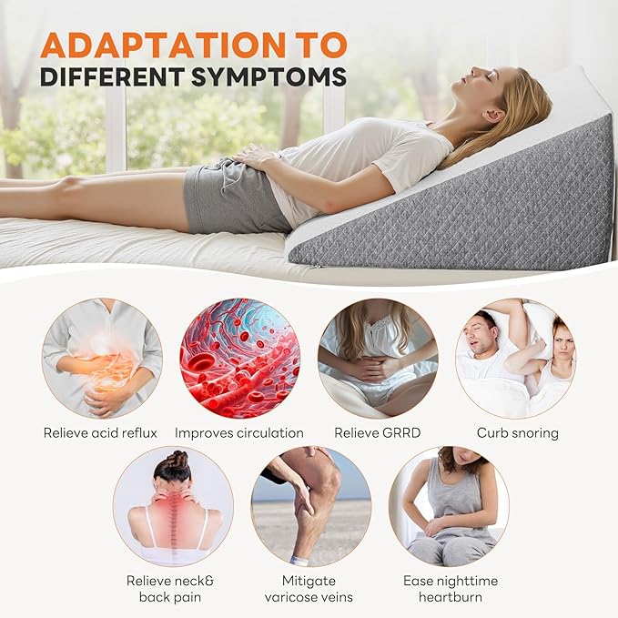 Sweetcrispy Wedge Pillow, Body Pillow for Sleep Apnea, Neck Pain Relief, Post Surgery, Sleeping Comfort, Acid Reflux, Heartburn, Back Pain Relief and Snoring, 12Inch, White& Grey