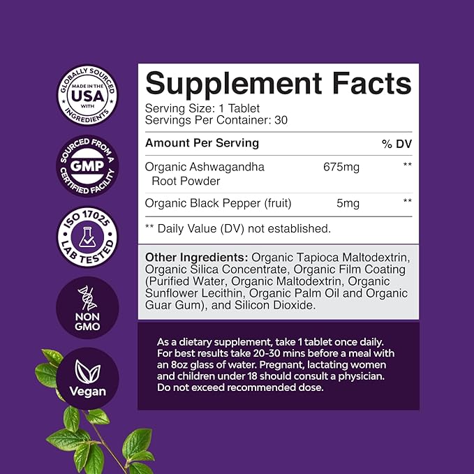 High Strength Organic Ashwagandha Supplements - Ashwagandha Organic Tablets for Mood Support & Hormone Balance for Women & Men - Root Extract Powder with Black Pepper for Better Absorption - 30 Ct