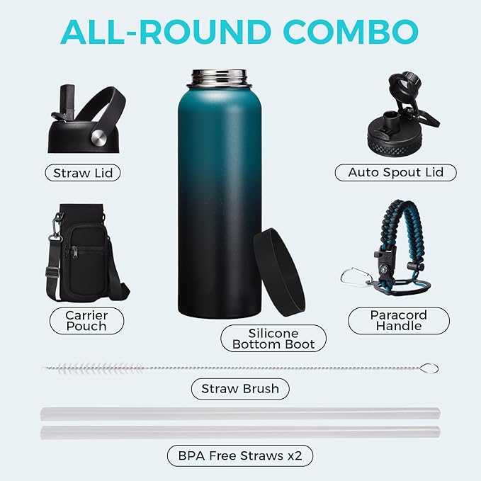 32 40 64OZ Insulated Water Bottle - Keep Cold 48H Hot 24H, Combo Straw & Spout Lids, Survival Paracord Handle, Bottle Carrier Bag w/Strap, Protective Cup Mat, Stainless Steel Flask Jug