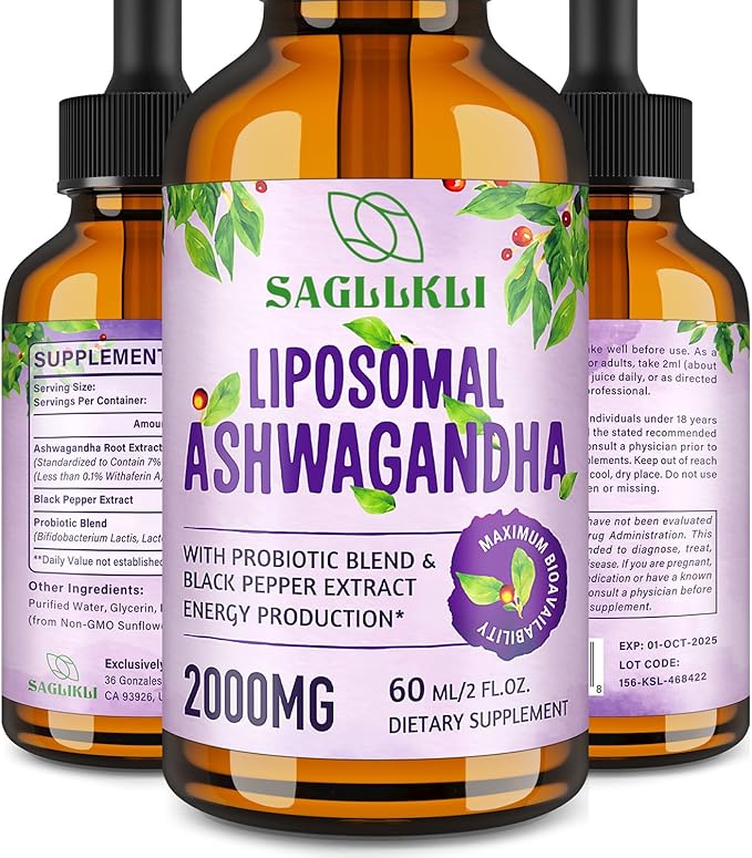 Liposomal Ashwagandha Liquid Drops 2000mg, Ashwagandha Root Extract Supplement (7% Withanolides) with Black Pepper Extract & Probiotics for Focus, Cognition & Energy - 2 FL.OZ (1 Bottle)