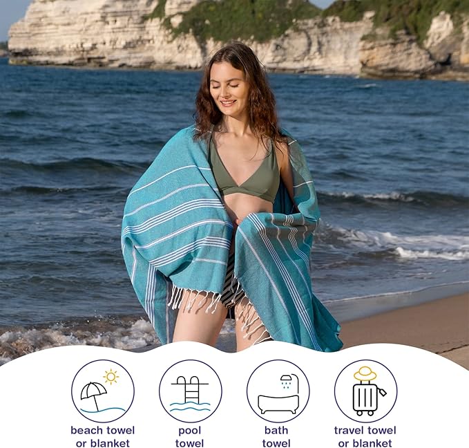 Turkish Beach Towels, Pack of 4 | Oversized, Quick Dry, Sand Free | 100% Cotton, Large 38x71 Towels for Beach, Pool, Travel | Ultra-Soft, Compact, and Absorbent | Teal