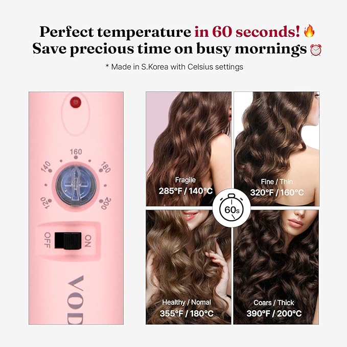 VODANA Professional GlamWave Ceramic Curling Iron, Long-Lasting Natural Curls, Instant Heat, Hair Curler, Curling Wand, Available in USA (1.6 inch, Pink)