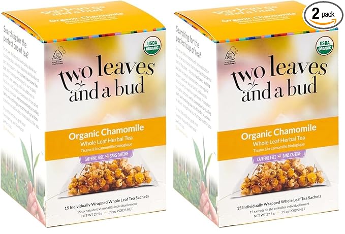 Two Leaves and a Bud Organic Chamomile Herbal Tea Bags, Naturally Caffeine Free, Whole Leaf Chamomile Tea in Compostable Sachets, 15 Count (Pack of 2)