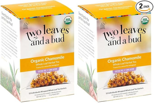 Two Leaves and a Bud Organic Chamomile Herbal Tea Bags, Naturally Caffeine Free, Whole Leaf Chamomile Tea in Compostable Sachets, 15 Count (Pack of 2)