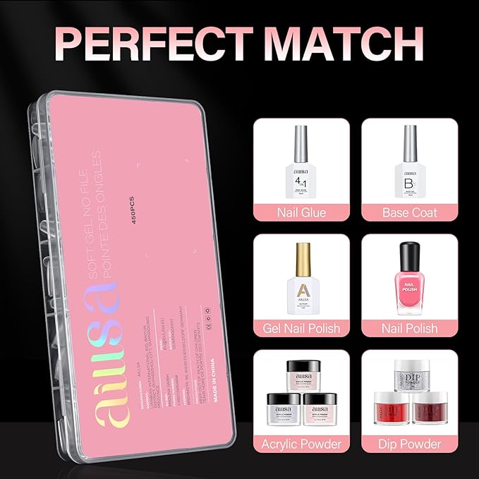 AILLSA Medium Coffin Nail Tips - Pre-shaped False Nail Tips Full Cover Matte Thickened Nails Tips, Fake Nails 450pcs 15 Sizes for DIY