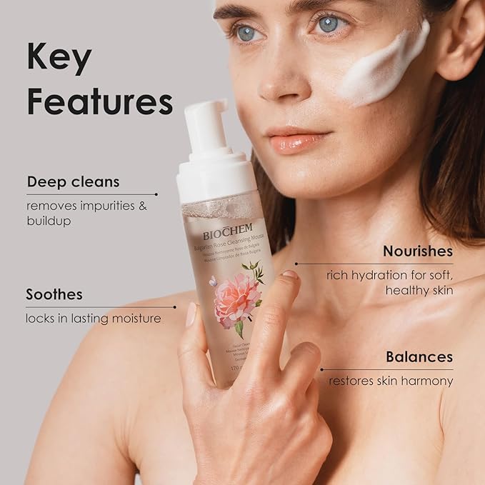 BIOCHEM Bulgarian Rose Foaming Face Wash, 3-in-1 Cleanser Mousse with Rose Oil, Vitamin C & Hyaluronic Acid, Hydrating Gentle Daily Cleanser for All Skin Types, Cruelty-Free (5.75 fl oz / 170 mL)
