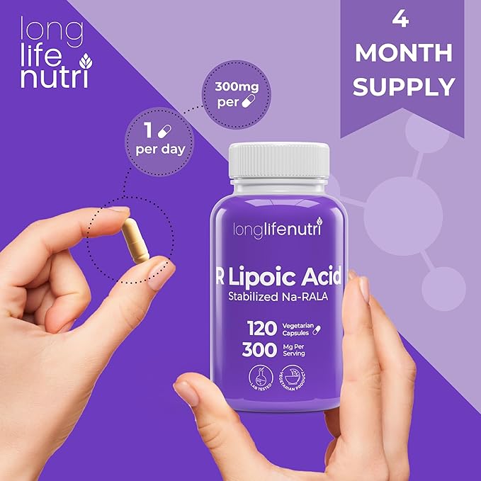 LongLifeNutri Stabilized R-Alpha Lipoic Acid 300mg – High Potency Na-RALA Supplement for Cellular Energy & Metabollic Function, 120 Vegetarian Capsules, 4-Month Supply, GMP Certified, Made in USA