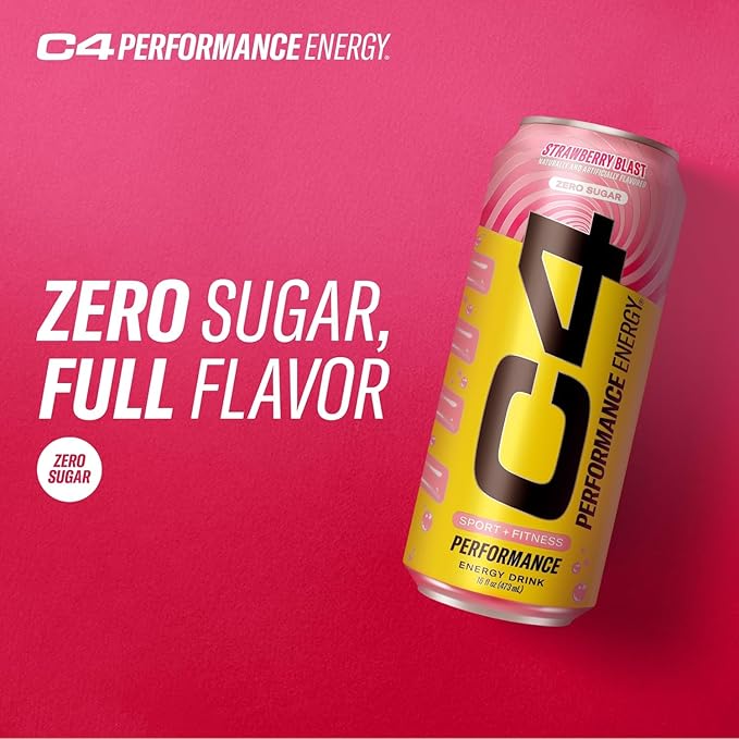 Cellucor C4 Performance Energy Drink | Strawberry Blast | Zero Sugar Carbonated Preworkout Energy | 200mg Caffeine with Beta Alanine | 16 Fl Oz (24 Pack)
