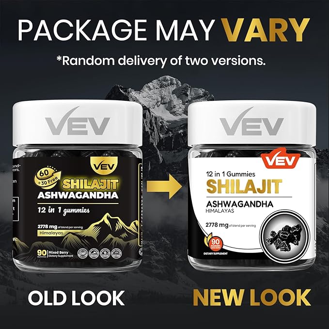 VEV Shilajit Gummies for Men & Women | 1000mg Shilajit & Ashwagandha Gummies with Sea Moss & L-Theanine for Energy, Vitality & Stress Balance | Vegan, No Added Sugar | 90 Count for Daily Wellness