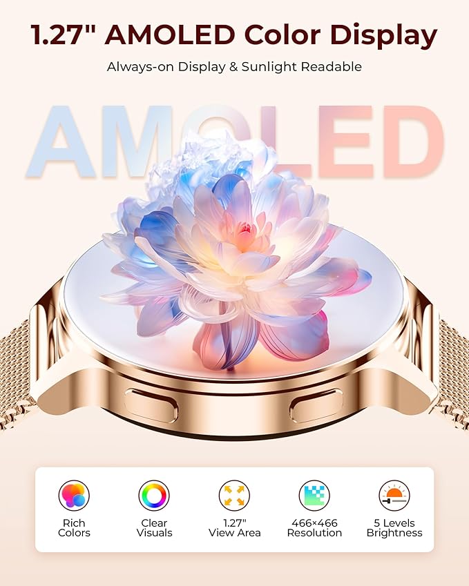 Smart Watches for Women, 1.27″ AMOLED Fitness Tracker with Heart Rate SpO2 Sleep Monitor, 3 Bands, 120+ Sport Modes, Call & Notifications, Smartwatch for Android & iPhone Compatible, 40 mm Rose Gold