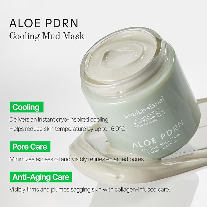 shaishaishai ALOE PDRN Cooling Mud Face Mask, Vegan Collagen Cream Clay Mask with Kaolin & Bentonite, Hydrating & Pore Care, Instant Cooling, Korean Skincare, 3.38 Fl Oz