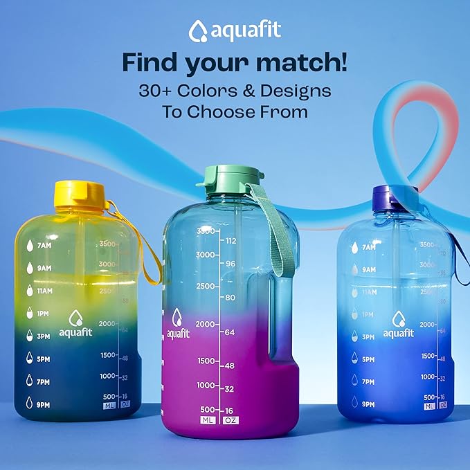 AQUAFIT Half Gallon Water Bottle with Time Marker - Straw & Chug Lid - BPA Free Gym Water Bottle with Straw - Big Gallon Jug (Midnight Gray, 64 oz - 2 Lids)