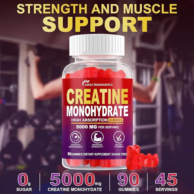 Creatine Monohydrate Gummies Infused with 5g Creatine for Men and Women, Chewable Creatine Monohydrate for Muscle Strength, Muscle Builder, Energy Boost, Pre-Workout Supplement-Raspberry 180 Count