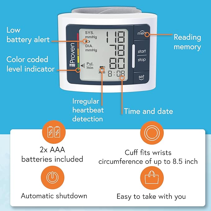iProven Wrist Blood Pressure Monitor for Home Use – Heart Rate Display, Large Wrist Cuff, LCD Screen, Color-Coded Indicator