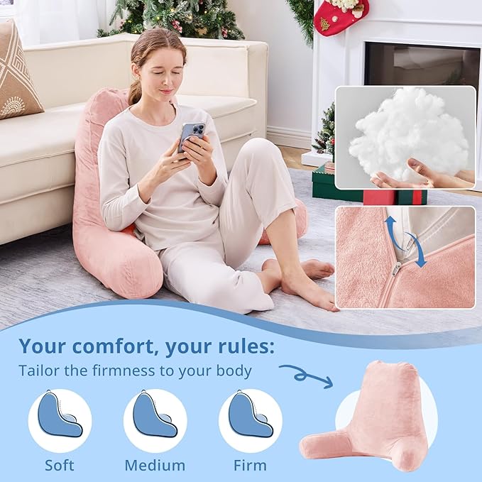 Sasttie 25-inch Reading Pillows for Sitting in Bed Adult, Jumbo Velvet Back Pillow Bed Sitting Up, XL High Back-Rest Support Cushion for Sit Up on Couch & Floor, Oeko-Tex Certified, Peach Pink