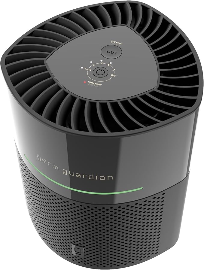 GermGuardian Airsafe+ Air Purifier for Home, for Wildfire Smoke, Pets, Pollen, Odor, Large Rooms Up To 1043 Sq. Ft. with HEPA Pure Air Filter, UV-C Light & Air Quality Sensor, 12", AC3000B, Black