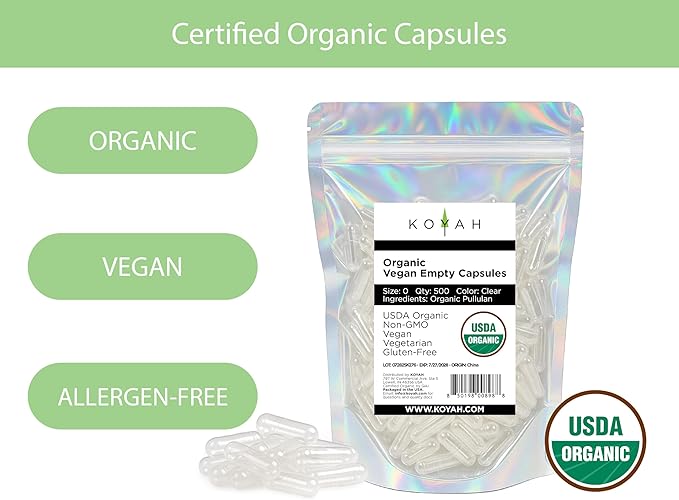 KOYAH Certified Organic Empty Pullulan Capsules: Size 0, Vegan, Gluten-Free, Non-GMO, Allergen Free – Ideal for DIY Supplements (500 Count)
