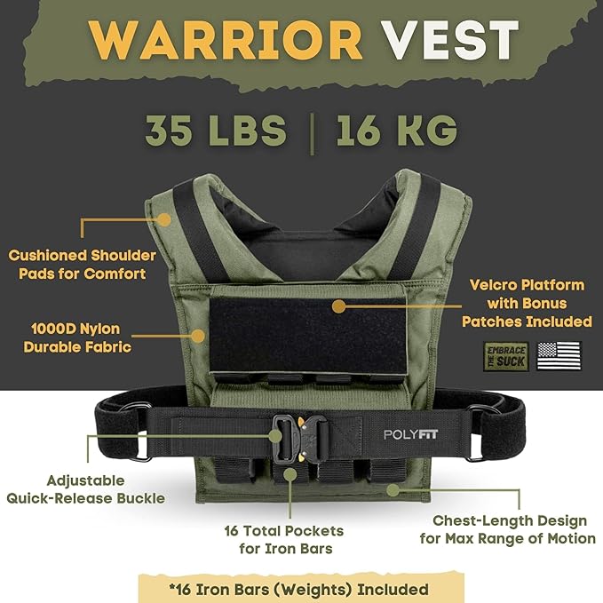 Polyfit (Warrior) Adjustable Weighted Vest - 25lb | 35lb | 45lb - Weight Vest with Adjustable Iron Weights for Men and Women for Workouts, Strength Training, Rucking