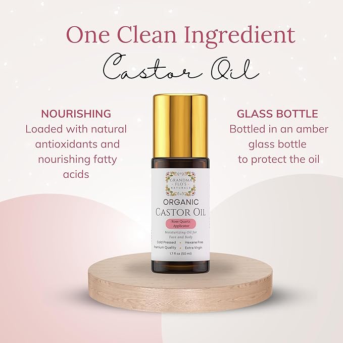 Grandma Flo's Naturals Organic Castor Oil Roll On with Rose Quartz Roller - For Face Hair Body | Glass Bottle, Cold Pressed, Hexane Free, Unrefined | Stimulate Hair Growth, Moisturize Skin (50ml)