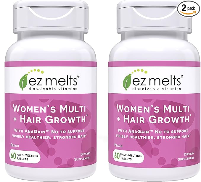 EZ Melts Dissolvable Multivitamin for Women + Hair Growth with Biotin, Bamboo Extract & Clinically Studied AnaGain Nu, Supports Visibly Healthier, Stronger Hair, Sugar- Peach Flavor - 2 Pack