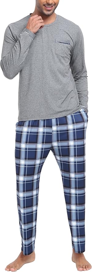 MoFiz Men's Pajamas Plaid Sets Sleepwear Sleep Long Sleeve Shirts and Pants Pajama Set Soft Mens Pjs Lounge Set with Pockets