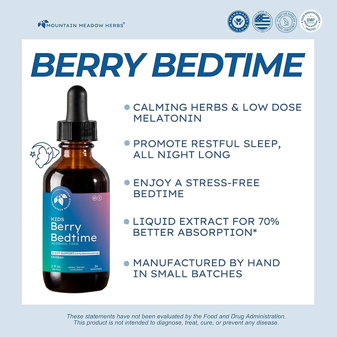 Mountain Meadow Herbs Berry Bedtime – Kids Sleep Support Drops with Melatonin, Chamomile, Lemon Balm & Passionflower - Natural Sleep Aid for Children – 2 oz