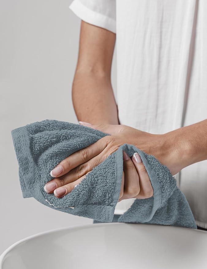 Delara Organic Cotton Towels, 650 GSM Plush Feather Touch Quick Dry Wash Cloths, 12 Pack, GOTS Certified, Light Blue, 13x13 inch
