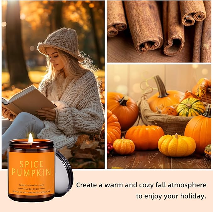 Pumpkin Spice Candle 7 Oz, Warm Pumpkin Spice & Sweet Vanilla Fall Scented Candles for Cozy Autumn Home Décor, Perfect Fall Gift for Pumpkin Lovers, 50 Hour Long Burn