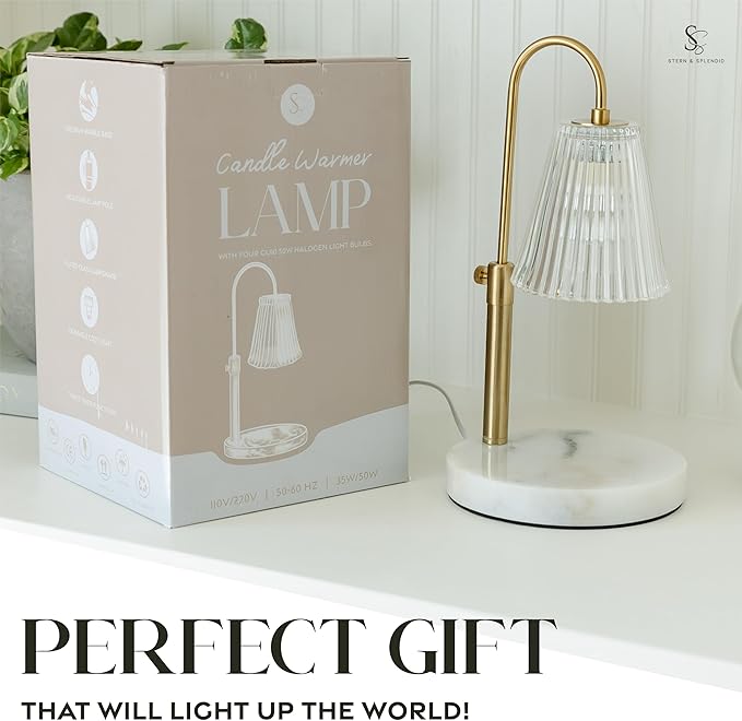 Flameless Candle Warmer Lamp for Jar Candles Large & Small – Dimmable Lamp Candle Warmer Electric with Large Marble Base & Adjustable Height – Candle Melter with Timer and 4 Halogen Light Bulbs