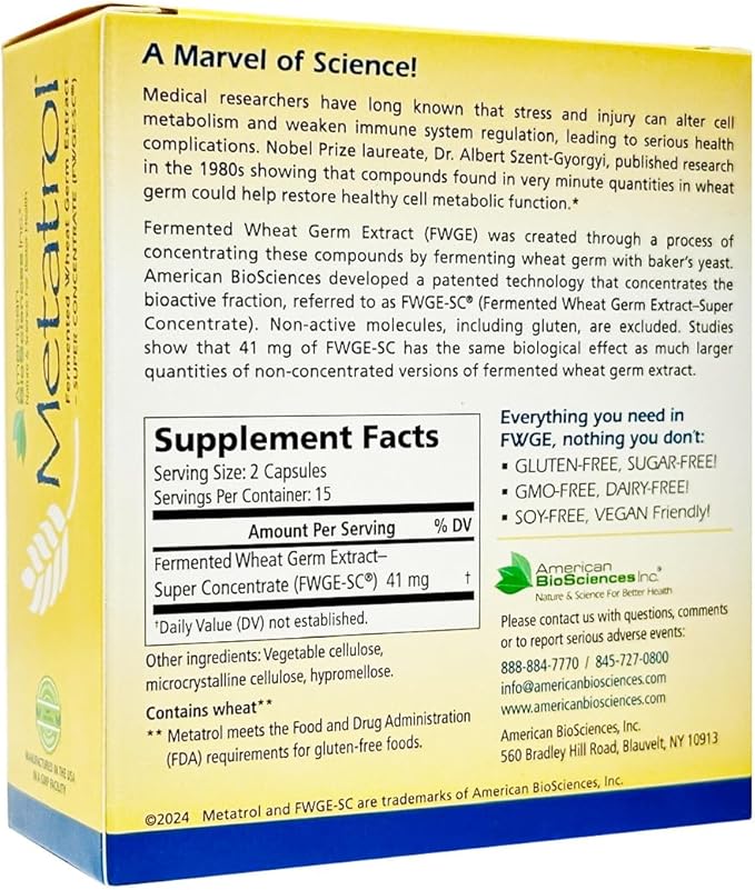 American BioSciences Metatrol Fermented Wheat Germ Extract - Immune & Mitochondria Support for Renewed Vitality & Enhanced Energy - Gluten Free - 30 Vegetarian Capsules, 41mg
