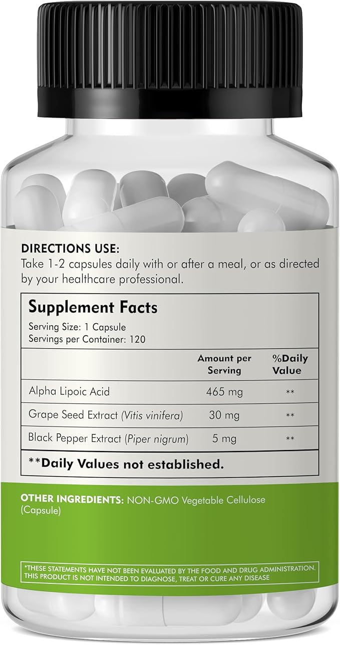Supplements, Alpha Lipoic Acid 500 mg with Grape Seed Extract & Piperine Extra Strength, 120 Veg Capsules