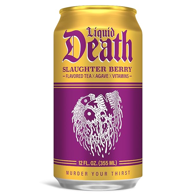 Liquid Death, Slaughter Berry Iced Tea, 12-Pack (12 oz Cans), Raspberry Flavored Black Tea, Low Calorie, No Artificial Sweeteners, B12 & B6 Vitamins