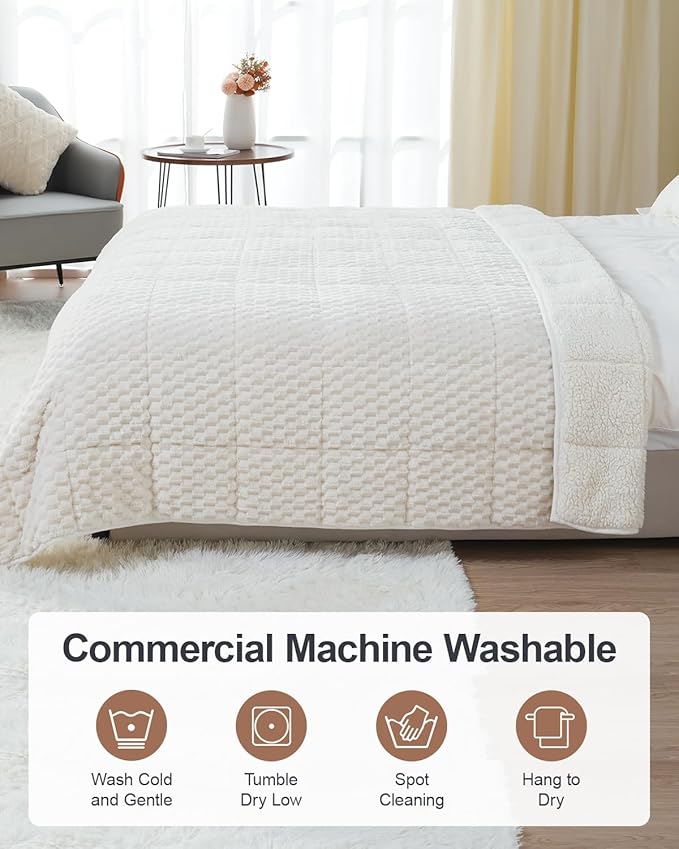 Super Soft Luxury Fleece Sherpa Weighted Blanket 15 lbs for Adults, Turtle Shell Fuzzy Cozy Warm Weighted Throw for Winter, Ceramic Beads Washable Heavy Blankets for Couch Bed, Cream White, 60"x80"