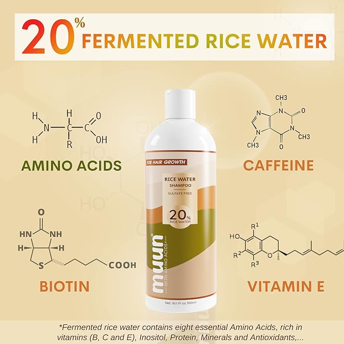 Muun Rice Water Shampoo with Amino Acids & Biotin - Natural Ingredients - Sulfate-free, Paraben-free, Cruelty-free, Phthalate-free, pH balanced 100% Vegan, Zero-Waste (Shampoo)