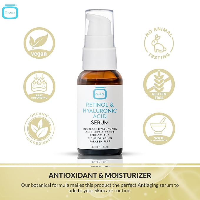 OMIC, Retinol Serum for Face | 1 fl oz / 30 ml | Reduce, Wrinkle, Dark Circles, Dark Spots Corrector | with Vitamin A, Vitamin E and Hyaluronic Acid | Made in USA