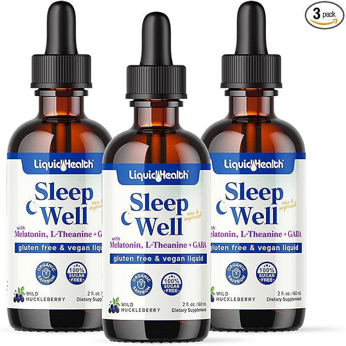 LIQUIDHEALTH Sleep Well Natural Sleep Aid Melatonin Drops - Better Sleep & Mood, Relax & Calm Mind, Fall Asleep Faster Stay Asleep Longer - Made in USA, Vegan, Sugar Free, Drug Free, Non-GMO (3 Pack)