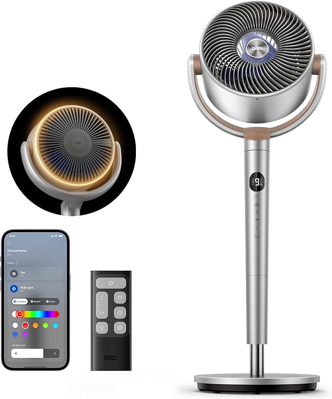 Dreo Smart Fans for Bedroom, 120ยฐ +120ยฐ Omni-Directional Oscillating Fan, 90ft Quiet Pedestal Fan with RGB Light, 9 Speeds, 6 Modes, 20dB, 8H Timer, Wi-Fi/Voice, 37-42" Floor Fans with Remote, Silver