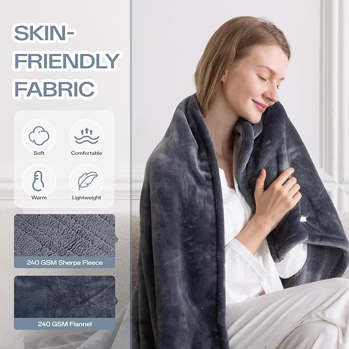 Electric Blanket Heated Twin Size-62" x 84" Heated Blanket with 8 Heat Levels & 10 Hours Auto Off, Fast Heating Flannel Blankets Machine Washable with ETL & FCC Certified, Light Grey