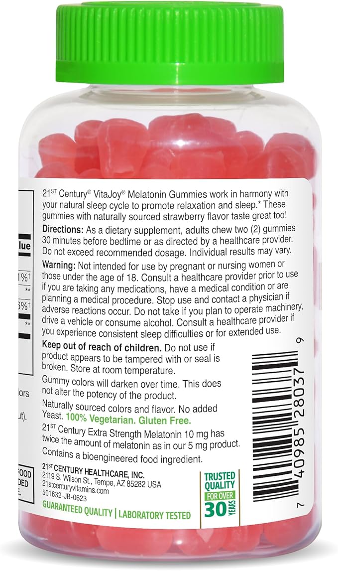21st Century Healthcare VitaJoy Extra Strength Melatonin 10 mg Gummies, Strawberry, 60 Count, Red, 0.43 pounds, (Pack of 1)