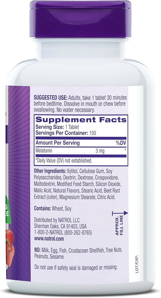 Natrol Melatonin 3mg, Strawberry-Flavored Dietary Supplement for Restful Sleep, 150 Fast-Dissolve Tablets, 150 Day Supply