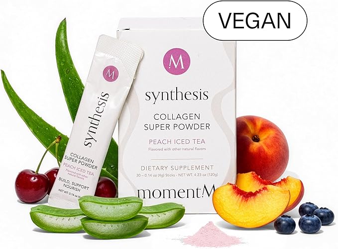 Synthesis Vegan Collagen Peptide Powder - Vegetarian Plant Based Collagen for Skin, Hair, Nails, Anti Aging, Muscles, Gut Health - Hyaluronic Acid, Biotin, Vitamin C, Antioxidants - 30 Stick Packs