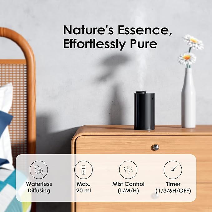 Waterless Essential Oil Diffuser Starter Kit with 30mL Hotel Scent Fragrance Oil Inspired by Ritz-C., Battery Operated Mini Scent Air Machine Portable Diffuser for Home Car Office, Black AN6