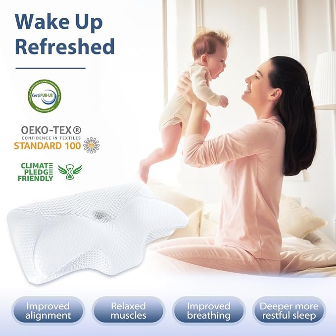 HOMCA Cervical Pillow, Ergonomic Memory Foam Pillow for Neck and Shoulder Pain Relief with Cooling Ice Silk Pillowcase, Orthopedic Neck Bed Pillow for Side, Back and Stomach Sleepers