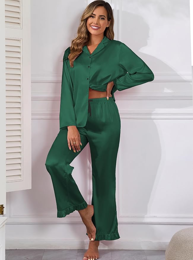 Veseacky Womens Satin Pajama Set Silk Pjs Button Down Long Sleeve Sleepwear Loungewear Sleepwear 2 Piece Pjs Set S-XXL