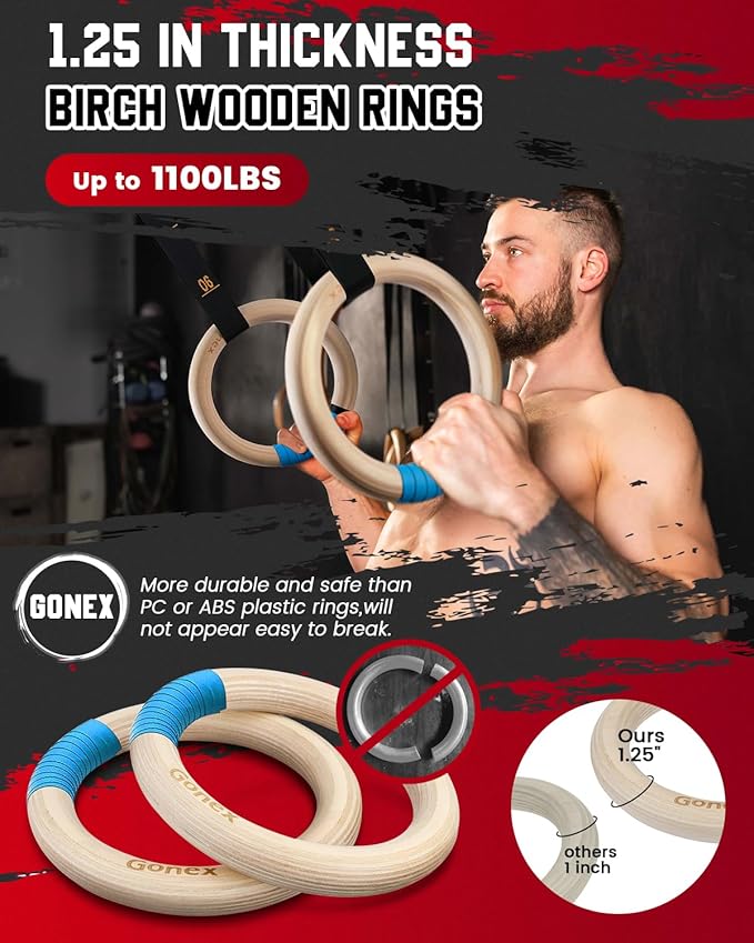 Gonex Wooden Gymnastic Rings with Adjustable Number Straps, Olympic Rings for Gym, Workout, Exercise, Outdoor Training, Quick Install Carabiner, 8.5 ft Straps Pull Up Non-Slip Rings