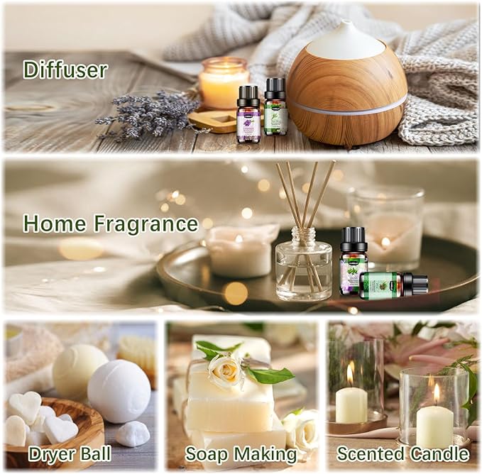 Essential Oils Set, Aromatherapy Essential Oil Kit for Diffuser, Humidifier, Massage, Skin Care (12 x 5ml) - Tea Tree, Lavender, Sweet Orange, Eucalyptus, Lemongrass, Peppermint