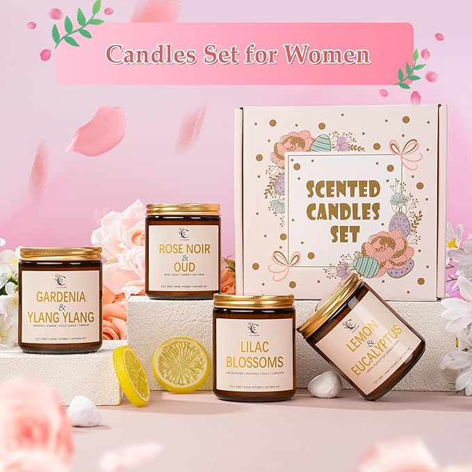 28oz Scented Candles Set, 4Pack Floral Chirstmas Halloween Candles 7oz Candle, Birthday Gifts for Women Long Lasting Soy Wax Candle Non Toxic for Home Decor Aromatherapy, Rose/Lemon/Gardenia/Lilac